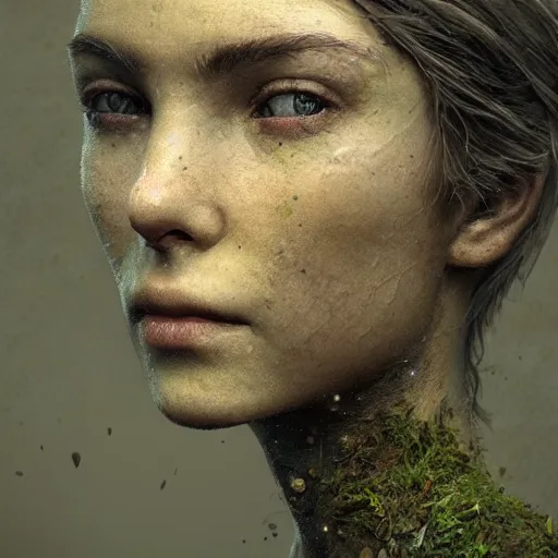 Image similar to photo realistic image of a person made of moss, stunning 3 d render inspired art by istvan sandorfi and greg rutkowski, perfect facial symmetry, realistic, highly detailed attributes and atmosphere, dim volumetric cinematic lighting,