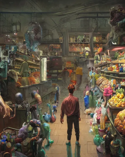 Image similar to a highly detailed cinematic concept art CG render digital painting of spherical people at a decayed grocery store surrounded by dark figures. triadic color scheme, By Greg Rutkowski, in the style of Francis Bacon and Syd Mead and Edward Hopper and Norman Rockwell and Beksinski, open ceiling, highly detailed, painted by Francis Bacon, painted by James Gilleard, surrealism, airbrush, Ilya Kuvshinov, WLOP, Stanley Artgerm, very coherent, art by Takato Yamamoto and James Jean