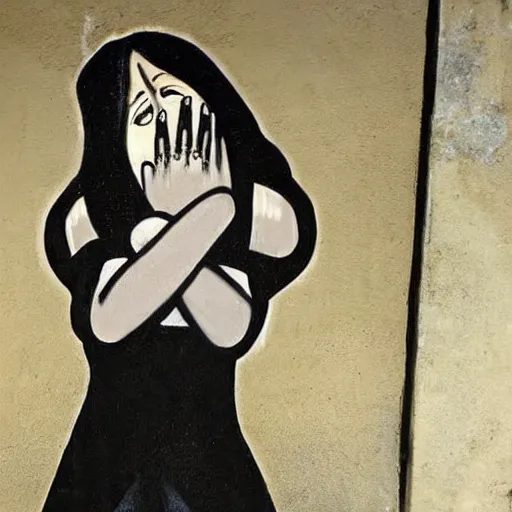 Image similar to This street art was painted in 1937 during the Guerra Civil Española. The woman in the street art is weeping. She is wearing a black dress and a black veil. Her face is distorted by grief. The street art is dark and somber. afrofuturism by Dora Maar, by Heywood Hardy loose, lively