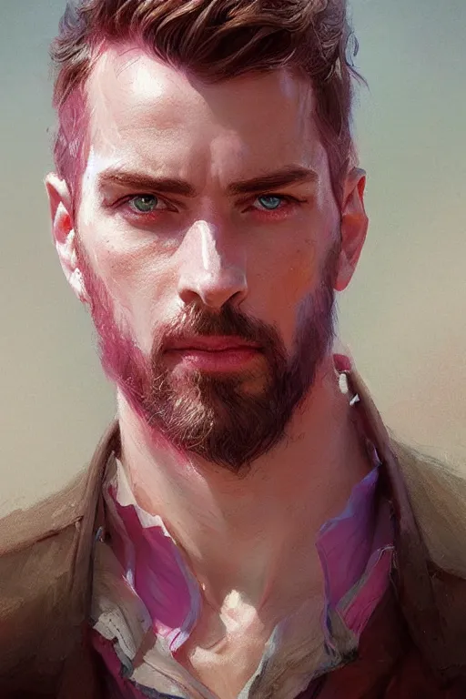 Image similar to painted portrait of realistic wold wearing pink shirt, mature, handsome, blue eyes, intricate, digital painting, artstation, concept art, smooth, sharp focus, illustration, art by gaston bussiere and greg rutkowski