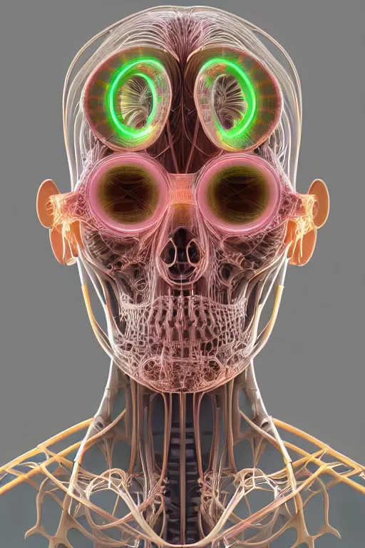 Prompt: 3D render of a portrait of a futuristic steampunk wizard cyborg, inset xray cross-section, neon lenses for eyes, Mandelbrot fractal, titanium skeleton, anatomical, flesh, facial muscles, wires, microchips, electronics, veins, arteries, glowing, full frame, microscopic, elegant, highly detailed, flesh ornate, elegant, high fashion, dye contrast lighting, black light, octane render by Richard Schmid by Jeremy Lipking by moebius by atey ghailan