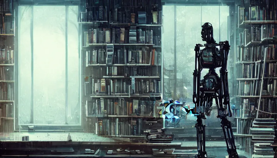 Prompt: a broken humanoid metal robot standing in library, surrounded by bookshelves, cold sunshine through window, bladerunner, digital illustration, artstation, cinematic composition