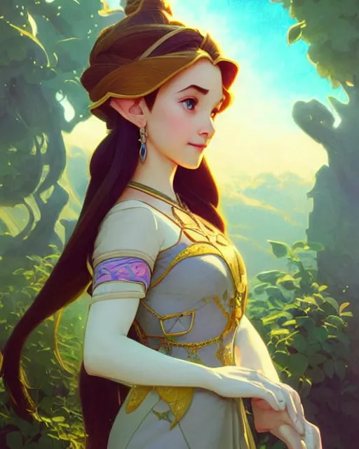 Image similar to portrait of disney zelda, intricate, elegant, highly detailed, my rendition, digital painting, artstation, concept art, smooth, sharp focus, illustration, art by artgerm and greg rutkowski and alphonse mucha and uang guangjian and gil elvgren and sachin teng, symmetry!!