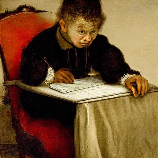 Prompt: a boy desperately typing on a laptop keyboard, frustrated, visibly angry, in the style of Rembrandt