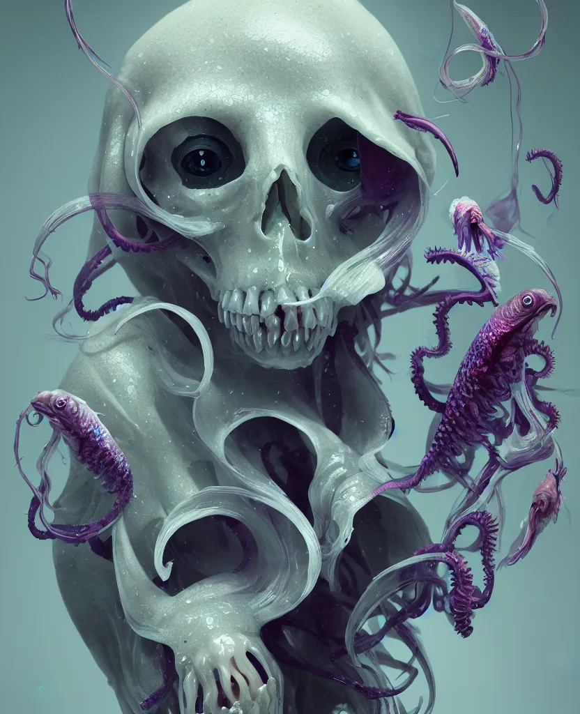 Prompt: hooded goddess close - up portrait hooded human skull, ram skull, squid phoenix jellyfish, orchid, betta fish, bioluminiscent, intricate artwork by tooth wu and wlop and beeple. octane render, trending on artstation, greg rutkowski very coherent symmetrical artwork. cinematic, hyper realism, high detail, octane render, 8 k