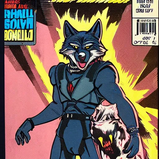 Image similar to 1 9 8 0 s comic book cover scan featuring a portrait of villain male wolf o'donnell anthropomorphic wolf furry fursona from starfox wearing a dark space mercenary uniform, dark grey wolf, handsome eyes, wolf o'donnell