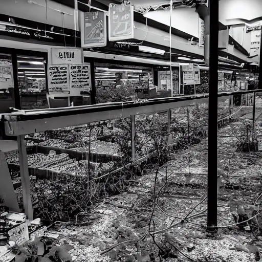 Prompt: a ransacked grocery store, broken signs, filthy flooring. Vines growing. Jpeg artifacts. Award-winning photo. Samyang/Rokinon Xeen 50mm T1.5