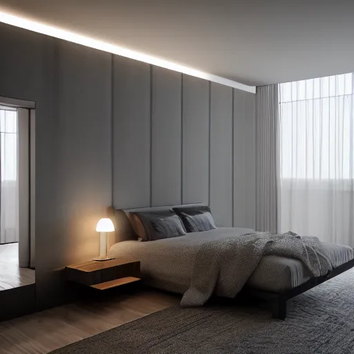 Image similar to symmetry, parallax mapping of brutalist bedroom, minimalist architecture, minimalist furniture, octane render, high quality