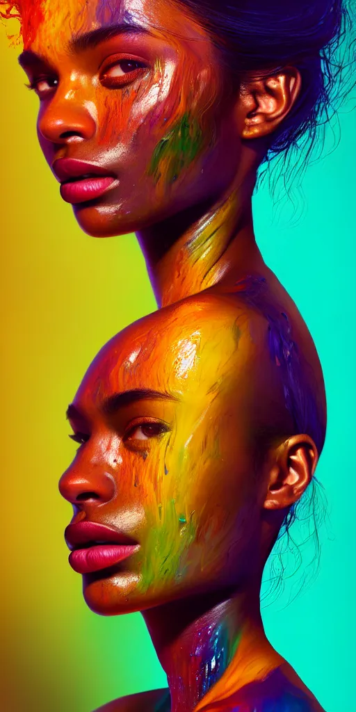 Image similar to photo half body portrait of very beautiful woman, face emerging from pool of colorful oils, brown skin, realism, extreme detail, real life, key art, soft light, volumetric light, 3 - d shadows, photo by james jean and wlop, photoshoot