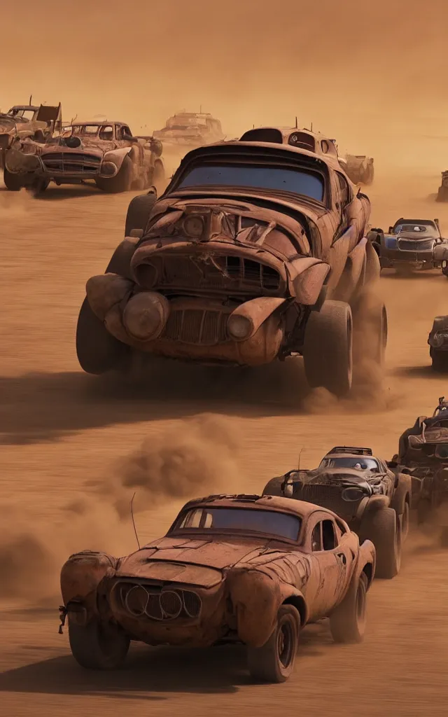 Image similar to pixar cars racing fast in the world of mad max fury road. 4 k ultra detailed