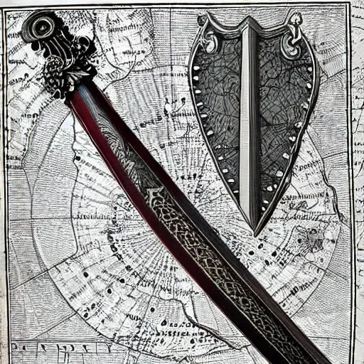 Prompt: a sword blade engraved with a medieval map design