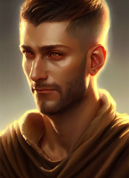 Image similar to a _ fantasy _ style _ portrait _ painting _ of light brown male short hair chiseled face big ears, rpg dnd oil _ painting _ unreal _ 5 _ daz. _ rpg _ portrait _ extremely _ detailed _ artgerm _ greg _ rutkowski _ greg