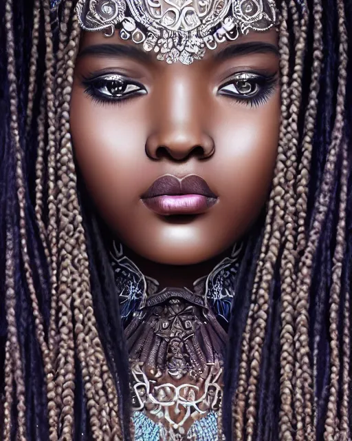 Prompt: fancy side portrait of a gorgeous dark skinned goddess with decorated braided hair and crystals on her cheeks and forehead, by wlop and Ross Tran and sam yang and mandy jurgens and viktoria gavrilenko, identical eyes, gazing eyes, stunning, gorgeous, beautiful eyes medium shot, elegant pose, fantasy, featured on artstation, cinematic lighting, hyperdetailed, cgsociety, 8k, golden ratio, vfx, dramatic, alluring