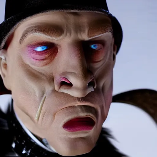 Prompt: UHD Movie still of Buck Flower as The Penguin, accurate details, hyperrealistic, extremely detailed, accurate face, correct face, in the style of Tim Burton