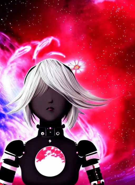 Prompt: Traditional Japanese Artwork of a hopeful pretty astronaut lady with a wavy blonde hair, 4k resolution, nier:automata inspired, bravely default inspired, vibrant but dreary but upflifting red, black and white color scheme!!! ((Space nebula background))