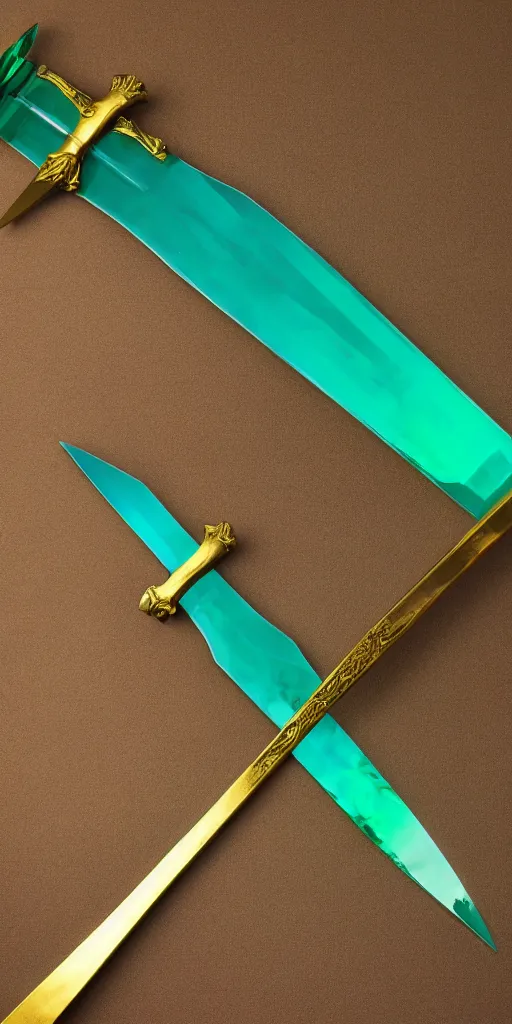 Image similar to photograph of a wide green and teal crystal sword blade attached to a big gold sword hilt