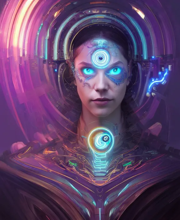 Image similar to whirlwind of souls rushing inside the metaverse, half body, glowin eye, tiara, pharaoh, android, cyborg, cyberpunk face, by loish, d & d, fantasy, intricate, elegant, highly detailed, colorful, vivid color, digital painting, artstation, concept art, art by artgerm and greg rutkowski and alphonse mucha and ruan jia