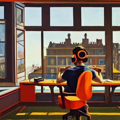 Image similar to A fine art painting of a man wearing Vr goggles dressed in orange overalls and creating the metaverse at a desk with screens, view from outside through a window on a British street. In the style of Edward Hopper and Wes Anderson