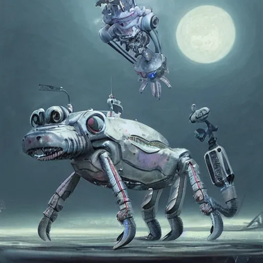 Prompt: a gray unicorn alien is changing batteries to a robotic crab, with african decoration and a spongebob puppet, highly detailed, concept art, art by wlop and artgerm and greg rutkowski, masterpiece, trending on artstation, 8 k