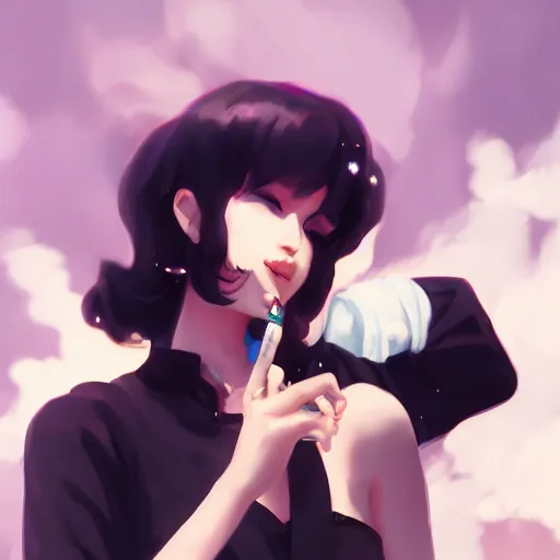 Image similar to black hair woman smoking a cigarette by krenz cushart stu dts yoshiku wlop, white smoke, cinematic lighting, back lit, chromatic aberration, white smoke, trending on ArtStation Pixiv