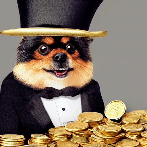 Image similar to A pomeranian wearing a top-hat and a monocle, sitting on top of a large pile of gold coins