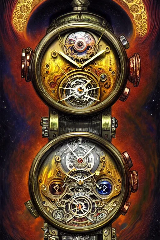 Prompt: intricate Wandering Hours chronograph tourbillon clocks james gurney, dan luvisi, Petros Afshar, tim hildebrandt, liam wong, Mark Riddick, thomas kinkade, ernst haeckel, dan mumford, trending on artstation, josephine wall, WLOP, cgsociety by Gediminas Pranckevicius, trending on cgsociety and DeviantArt