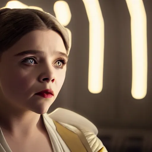 Image similar to Adult Chloe Moretz as Princess Leia, movie scene, XF IQ4, 150MP, 50mm, F1.4, studio lighting, professional, Dolby Vision, UHD