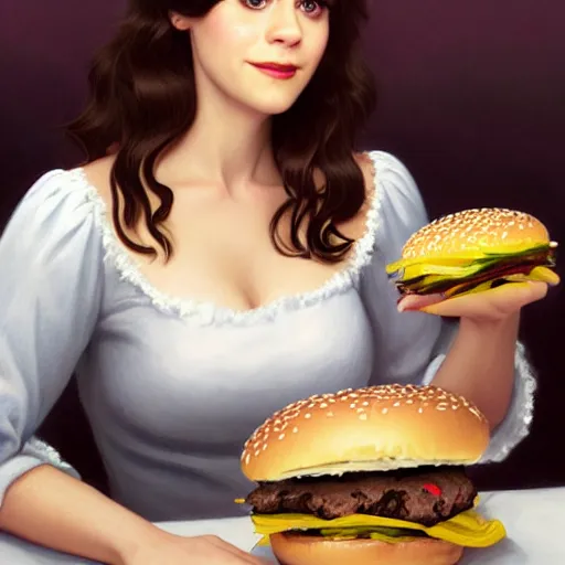 Image similar to portrait of Zooey Deschanel eating hamburgers, extra onions and ketchup, luscious patty with sesame seeds, feminine ethereal, handsome, D&D, fantasy, intricate, elegant, highly detailed, digital painting, artstation, concept art, matte, sharp focus, illustration, art by Artgerm and Greg Rutkowski and Alphonse Mucha