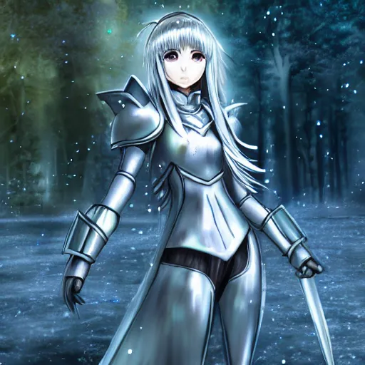 Prompt: portrait focus of knight beautiful 3D anime girl, silver armor wearing, dark forest background, snowing, bokeh, inspired by Masami Kurumada, digital painting, high contrast, unreal engine render, volumetric lighting, high détail