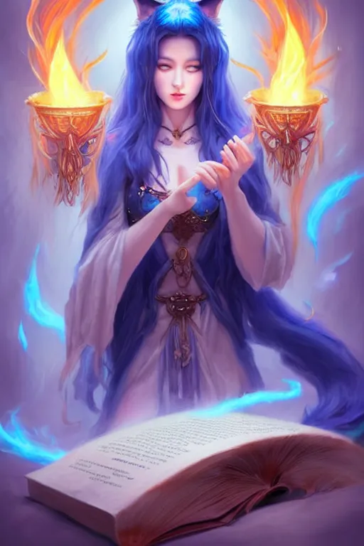 Image similar to gorgeous!!! hyper - realstic kitsune sorceress, holding a tattered magical book, casting a flame spell, blue flames | drawn by wlop, drawn by jeehyung lee, drawn by artgerm | fantasy, dark, intricate, highly detailed, digital painting, character design, concept art, illustration, artstation