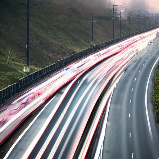 Prompt: a stunning aesthetic wallpaper of a highway full of traffic with a train track and bus lane, photograph by leon macapagal, 8 k, motion blur, soft focus, cinematic lighting, trending on flicker.