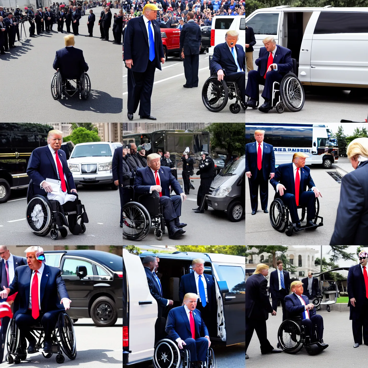 Prompt: donald trump in a wheelchair, next to van surrounded by secret service agents, photograph, candid, high resolution, high quality