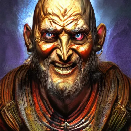 Image similar to bright, colorful, realistic, detailed from Elder Scrolls: Shivering isles concept art of The Mad God Sheogorath with a madsmile backlighting, kodachrome, high contrast, highly detailed, sharp focus, digital painting, concept art, illustration, trending on artstation, comic book by Alex Ross and Adam Adamowicz cover art