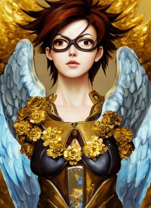 Image similar to full body oil painting of tracer overwatch in the style of sophie anderson, angel wings, angelic golden armor, dramatic painting, symmetrical composition, ornate, high detail, gold detailed collar, gold collar, gold choker, blooming, lights, flowers, detailed face,