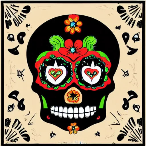 Image similar to cute cartoon drawing of a mexican skull, dia de los muertos, big head, big eyes, skull head, vector illustration, style of disney animation