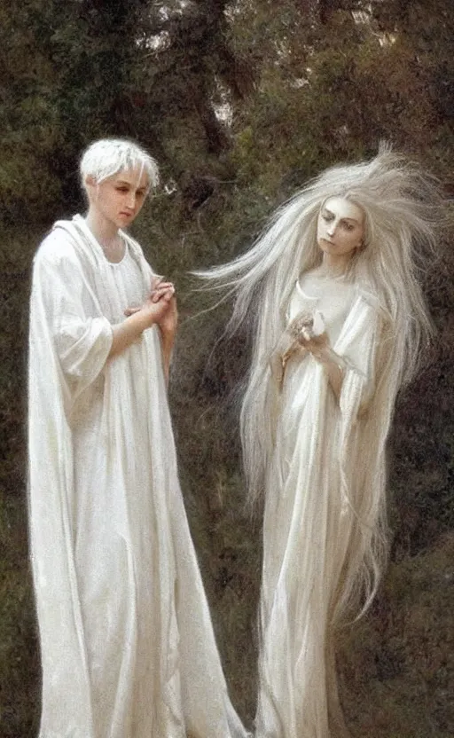 Prompt: say who is this with silver hair so pale and wan! and thin? female angel in white robes flowing hair body, white dress!! of silver hair, covered!!, clothed!! lucien levy - dhurmer, fernand keller, oil on canvas, 1 8 9 6, 4 k resolution, aesthetic, mystery