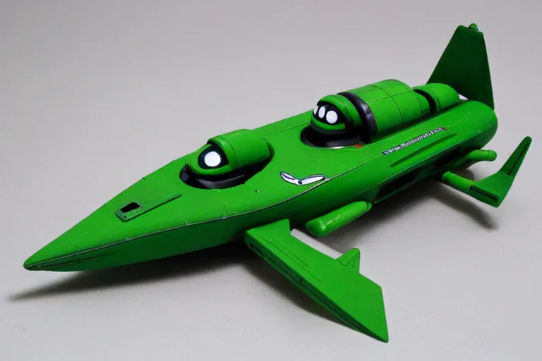 Image similar to Thunderbird 2 green spacecraft, side view, in the style of Supermarionation