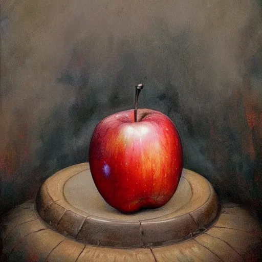 Prompt: an oil painting of an apple painted by Esao Andrews. Circa Survive album cover art. Dark. Muted colors. Gothic. Oil painting with brush strokes. Creepy.