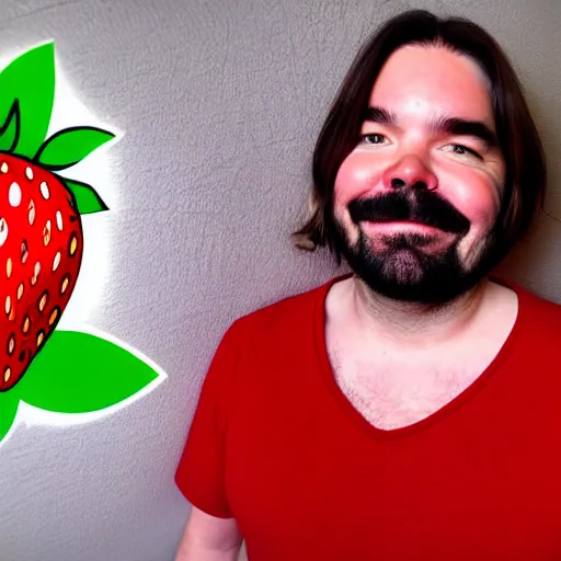 Image similar to matt berry as a strawberry, head of a strawberry, high definition