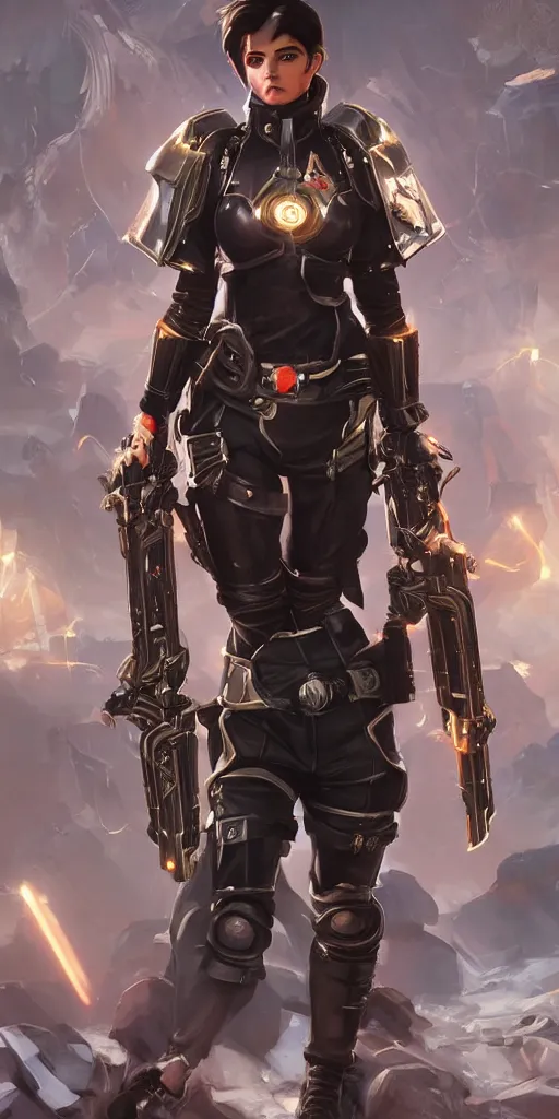 Prompt: beautiful female inquisitor with a face of Tracer, warhammer 40k, leather armor, bolt pistol in one hand, chainsword in the other, tight leather leggins, full body, ultra facial detail, Tooth Wu Artgerm Greg Rutkowski artstation deviantart, 8k, fanart, extreme aesthetic