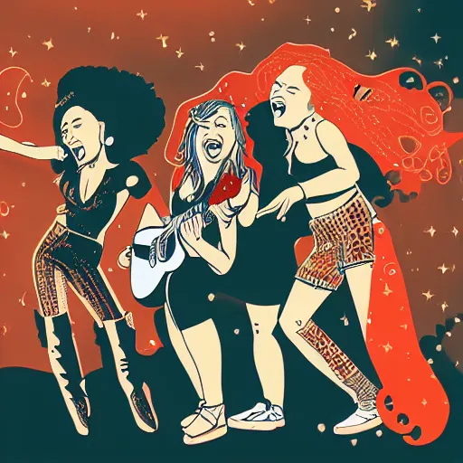 Image similar to illustration of a pop rock music group named'shiny souls'with two woman singers with blonde hair and one woman singer with brown curly hair singing in front of the crowd, aerial view, digital art