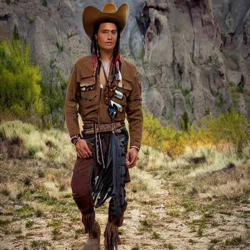 Prompt: young thin native American man wearing cargo buckskin jacket buckskin tactical toolbelt pockets bandolier, shaman deadlands, weird west