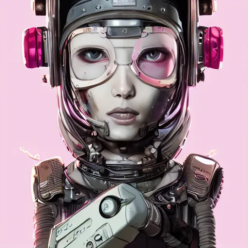 Image similar to highly detailed portrait of a post-cyberpunk robotic young lady with space helmet and wired cybernetic face modifications, skull face, robotic limbs, by Akihiko Yoshida, Greg Tocchini, Greg Rutkowski, Cliff Chiang, 4k resolution, persona 5 inspired, pristine white, pink, brown and black color scheme with sparking stray wiring