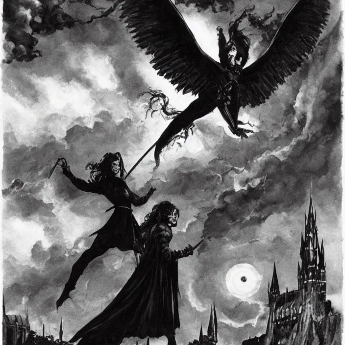 Image similar to bellatrix casting dark mark spell into the sky over hogwarts by frank frazetta