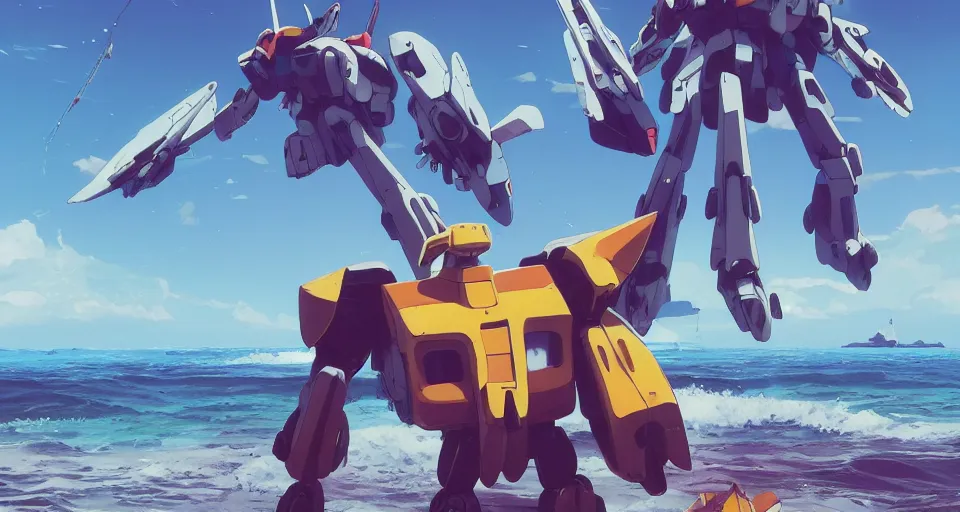 Prompt: A serene coast with a GIANT MECHA GUNDAM bright sunny waves splashing on the beach, rendered by simon stålenhag, rendered by Beeple, Makoto Shinkai, syd meade, environment concept, digital art, Gundam style, starwars, unreal engine, 3 point perspective, WLOP, trending on artstation, low level, 4K UHD image, octane render,