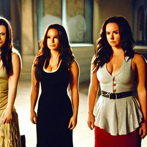 Prompt: close-up of Demi Lovato as Piper Halliwell, Selena Gomez as Phoebe Halliwell and Ariana Grande as Prue Halliwell in a Charmed movie directed by Christopher Nolan, movie still frame, promotional image, imax 35 mm footage