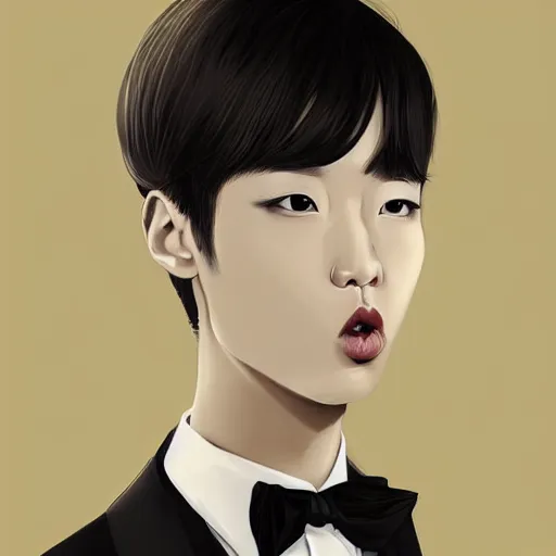 Image similar to portrait of a beautiful korean girl wearing a men's tuxedo, with short messy hair, men's haircut, angular features, angry expression, digital art, elegant pose, detailed illustration