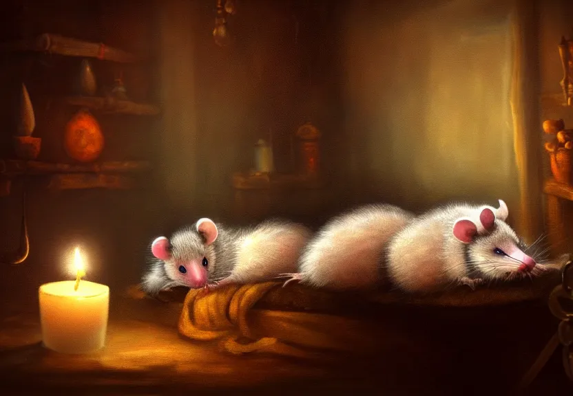 Image similar to cute possum sleeping on a bed in a medieval cluttered cottage at night under the dim light of a candle, dark fantasy, dreaming illusion, trending on artstation