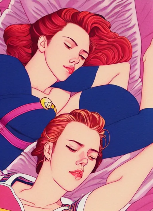 Image similar to perfectly centred realistic portrait of scarlett johansson as a sailor moon, lying on pillow, early morning, close - up shot, light falling on face, futuristic, highly detailed, 8 0 - s style poster, sharp focus, illustration, art by kawase hasui,