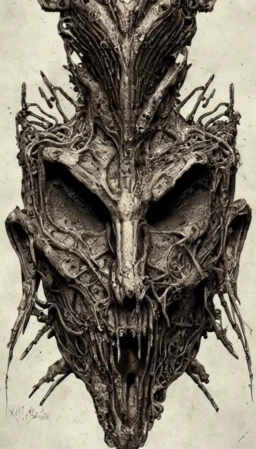 Prompt: ancient biomechanoid hybrid slavic multifaced god armored head fantasy beautiful human witch face mask tattoo pattern concept, glagolitic glyph, intricate artwork by, Johnatan Wayshak, Zdizslaw Beksinski, Artgerm, H.R. Giger, very coherent artwork, cinematic, hyper realism, high detail, octane render, unreal engine, 8k, High contrast, higly detailed black ink outline, crosshatch sketch gradient